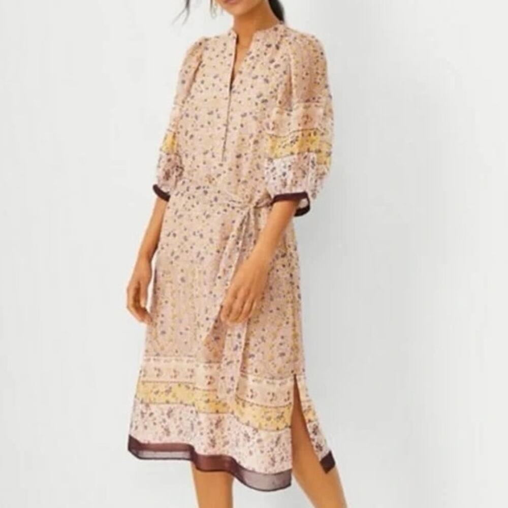 Ann Taylor Paisley Border Balloon Sleeve Midi Dress Brown/Cream/Gold Sz Medium
